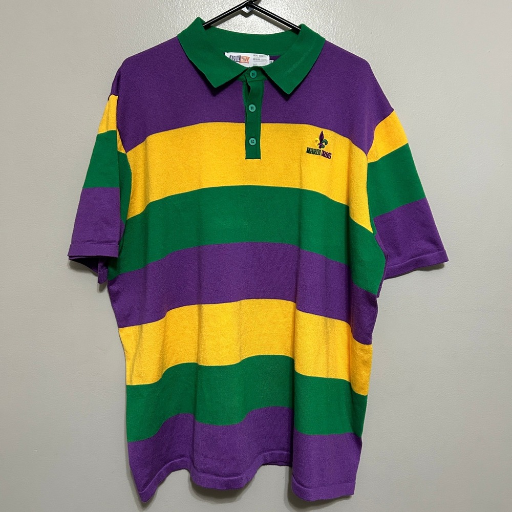 Arvil Hill Mardi Gras Polo Shirt Men 3XL Purple Green Gold Striped Rugby Festive